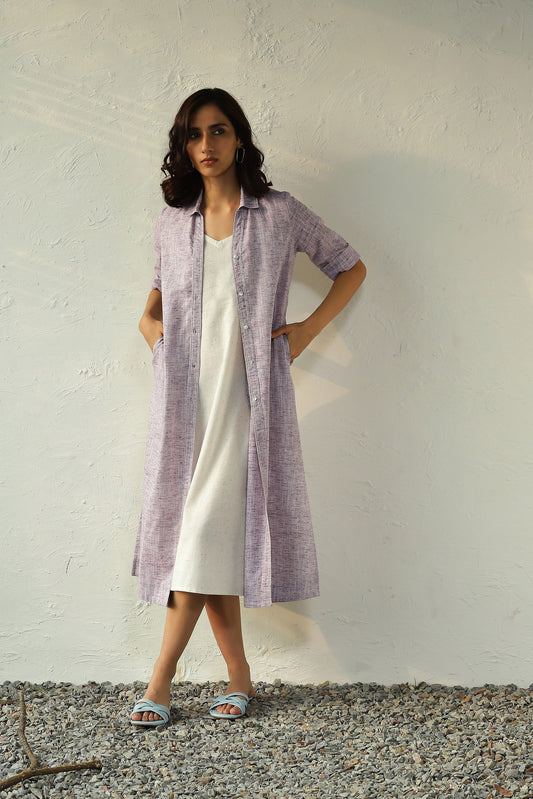 Purple Textured Cotton Shirt Dress at Kamakhyaa by Canoopi. This item is Canoopi, Casual Wear, Dresses, Khadi, Midi Dresses, Natural, Purple, Regular Fit, Solids, White, Womenswear