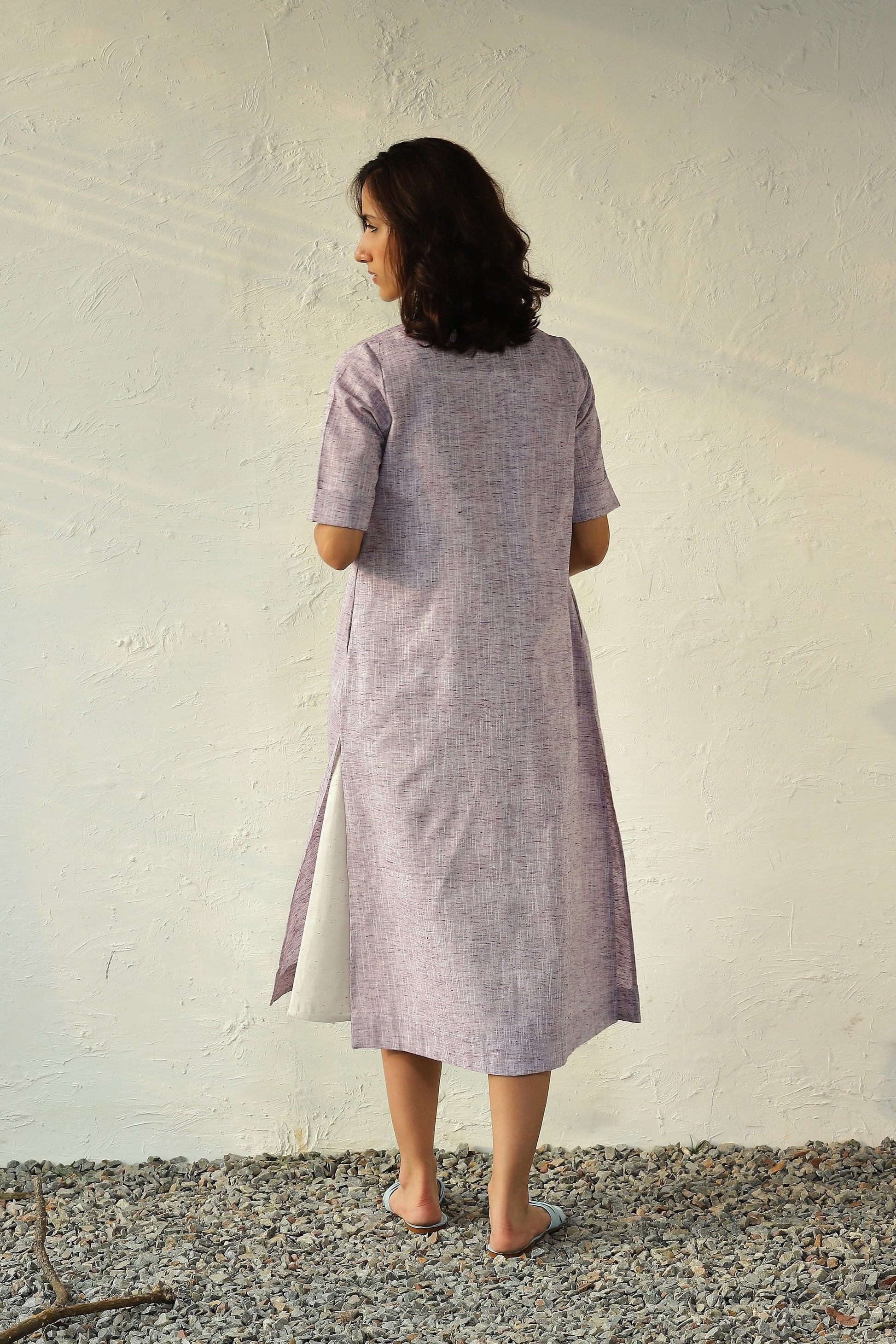 Purple Textured Cotton Shirt Dress at Kamakhyaa by Canoopi. This item is Canoopi, Casual Wear, Dresses, Khadi, Midi Dresses, Natural, Purple, Regular Fit, Solids, White, Womenswear