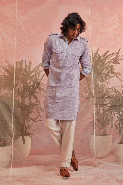 Purple Textured Pathani Kurta at Kamakhyaa by Charkhee. This item is Casual Wear, Cotton, Kurtas, Menswear, Natural, Purple, Regular Fit, Textured, Tops