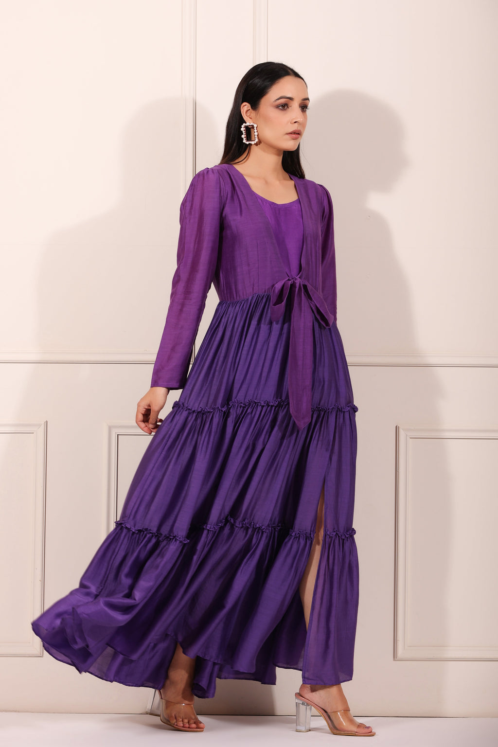 Purple Tiered Dress at Kamakhyaa by MOH-The Eternal Dhaga. This item is Festive Wear, Moh-The eternal Dhaga, Natural, Purple, Relaxed Fit, Silk, Solids, Tiered Dresses, Womenswear
