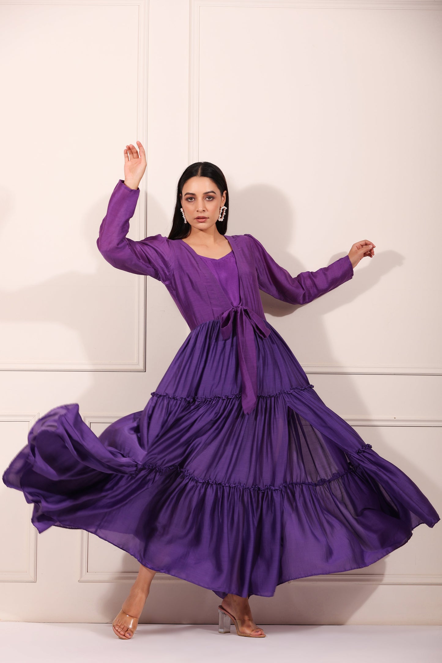 Purple Tiered Dress at Kamakhyaa by MOH-The Eternal Dhaga. This item is Festive Wear, Moh-The eternal Dhaga, Natural, Purple, Relaxed Fit, Silk, Solids, Tiered Dresses, Womenswear