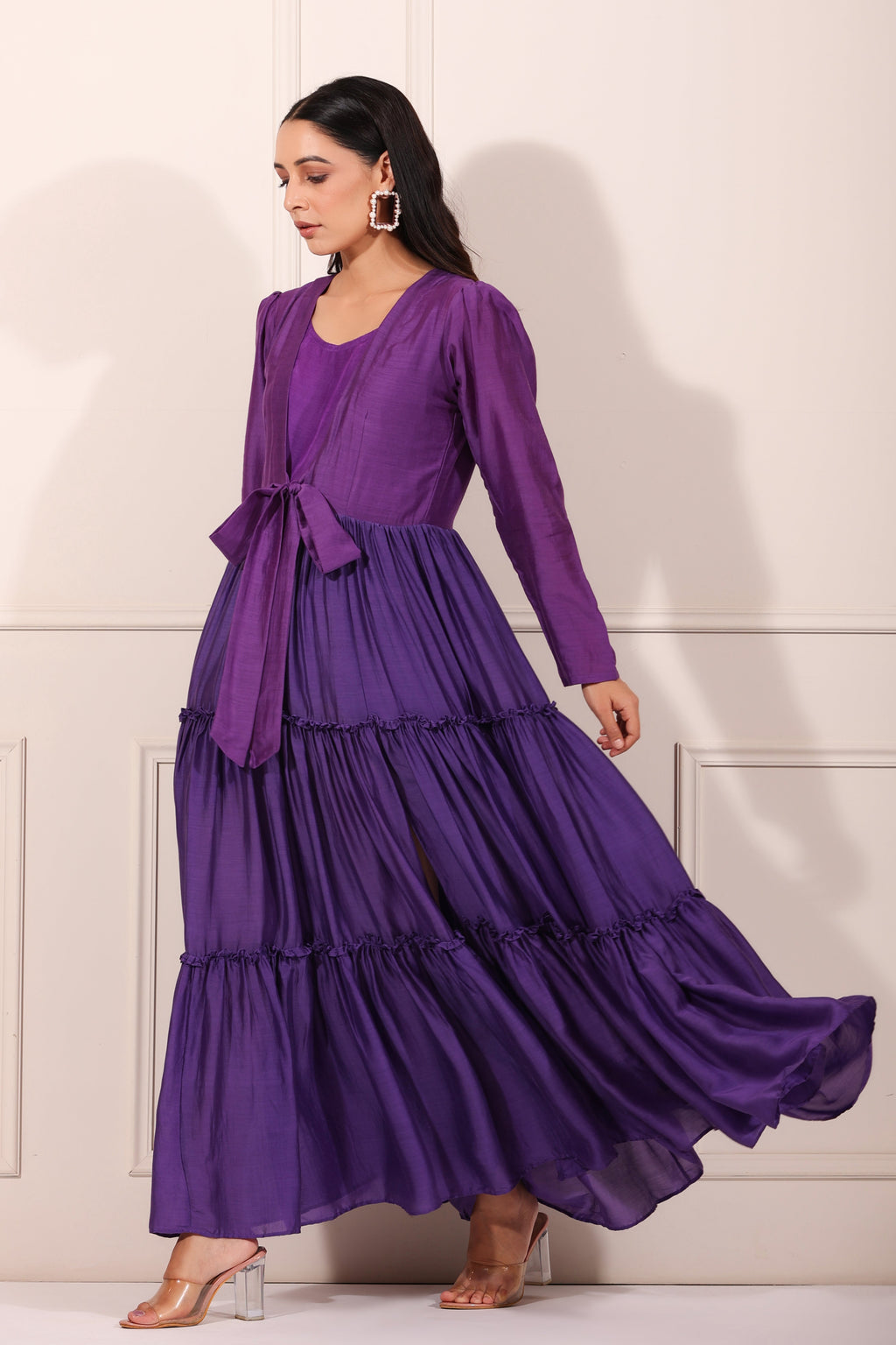 Purple Tiered Dress at Kamakhyaa by MOH-The Eternal Dhaga. This item is Festive Wear, Moh-The eternal Dhaga, Natural, Purple, Relaxed Fit, Silk, Solids, Tiered Dresses, Womenswear