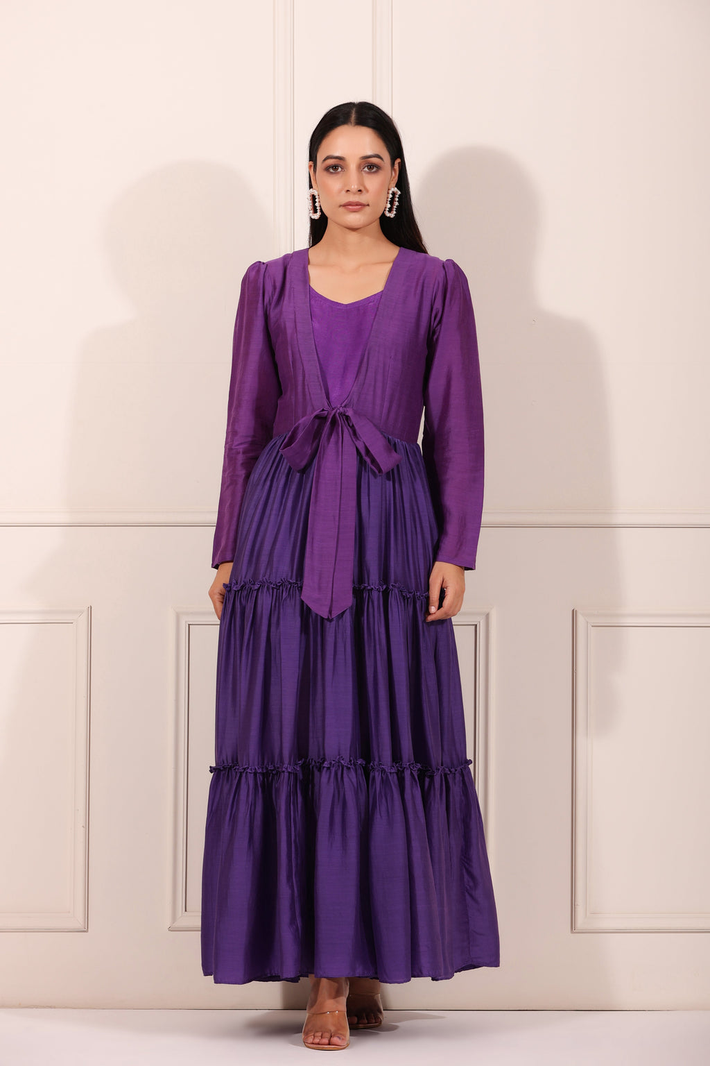 Purple Tiered Dress at Kamakhyaa by MOH-The Eternal Dhaga. This item is Festive Wear, Moh-The eternal Dhaga, Natural, Purple, Relaxed Fit, Silk, Solids, Tiered Dresses, Womenswear