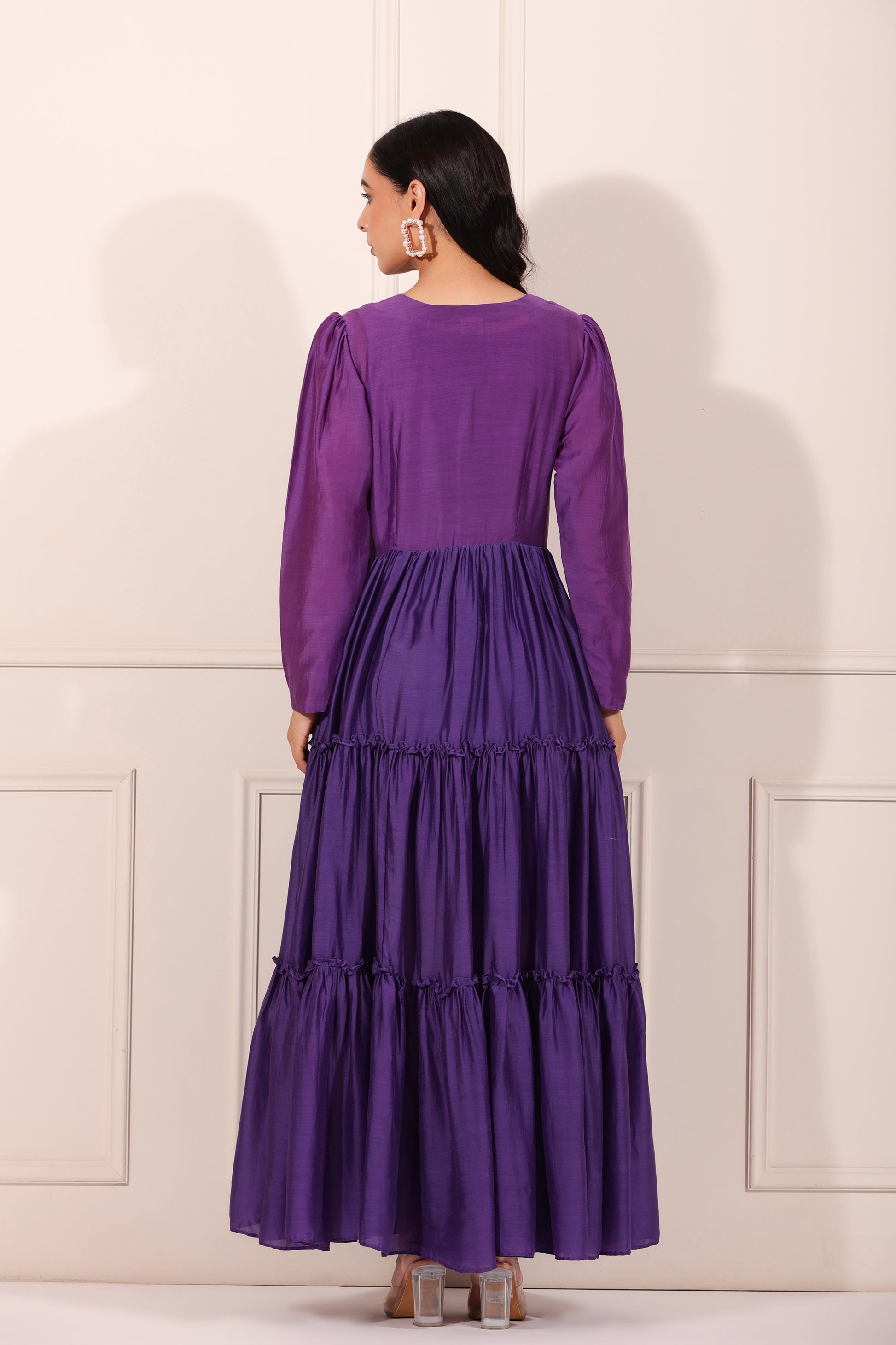 Purple Tiered Dress at Kamakhyaa by MOH-The Eternal Dhaga. This item is Festive Wear, Moh-The eternal Dhaga, Natural, Purple, Relaxed Fit, Silk, Solids, Tiered Dresses, Womenswear