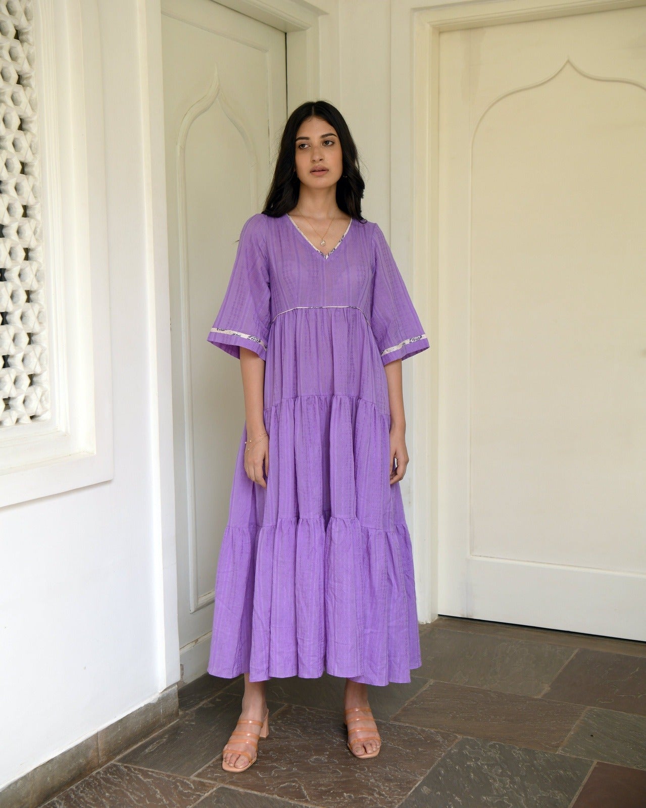 Purple Tiered Maxi Dress at Kamakhyaa by Taro. This item is Best Selling, Evening Wear, FB ADS JUNE, Handwoven cotton, July Sale, July Sale 2023, Natural, Purple, Regular Fit, Solids, Tiered Dresses, Wildflower Taro, Womenswear