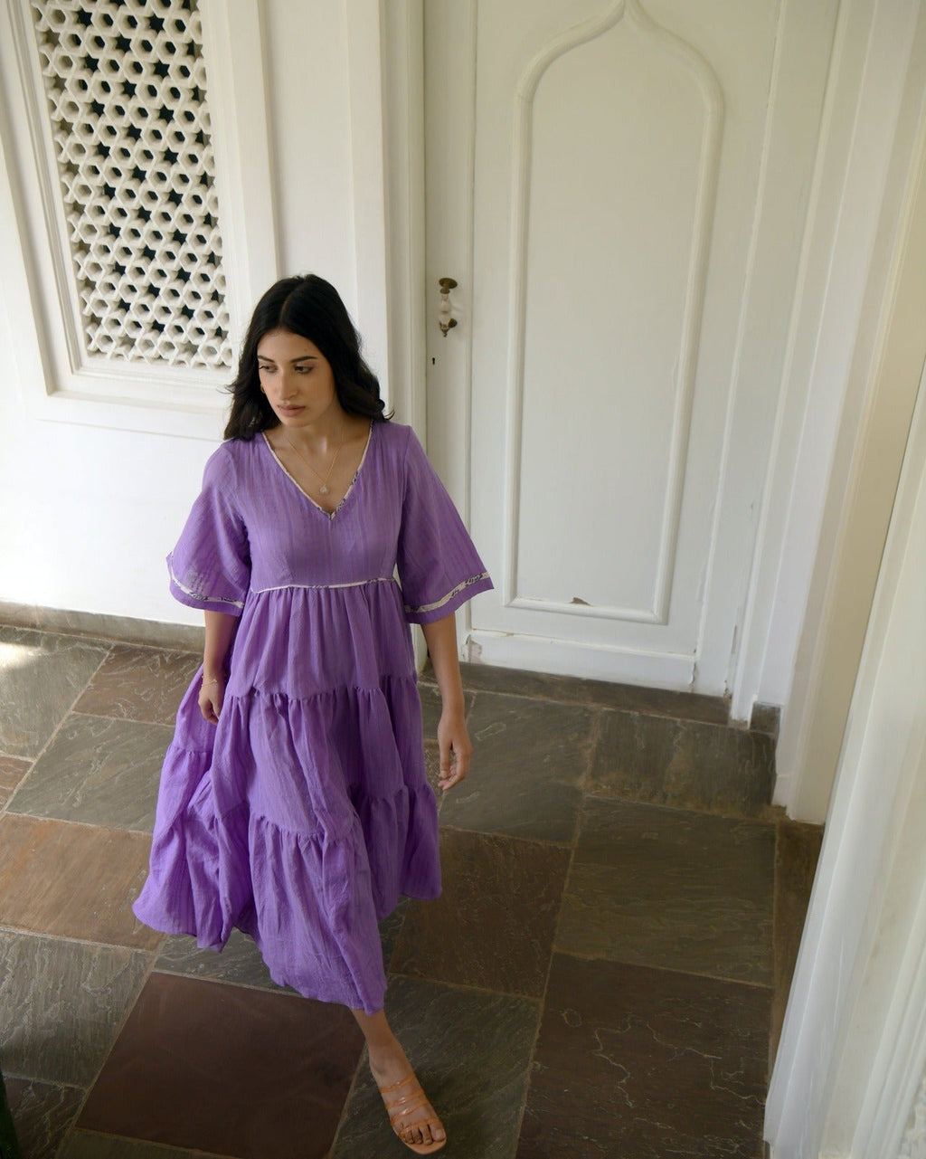 Purple Tiered Maxi Dress at Kamakhyaa by Taro. This item is Best Selling, Evening Wear, FB ADS JUNE, Handwoven cotton, July Sale, July Sale 2023, Natural, Purple, Regular Fit, Solids, Tiered Dresses, Wildflower Taro, Womenswear