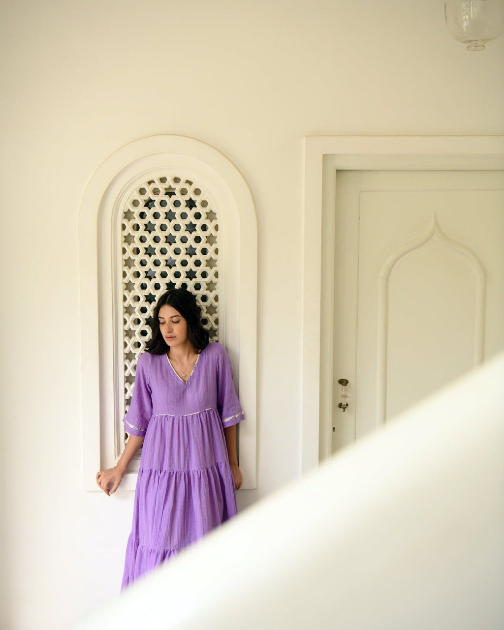Purple Tiered Maxi Dress at Kamakhyaa by Taro. This item is Best Selling, Evening Wear, FB ADS JUNE, Handwoven cotton, July Sale, July Sale 2023, Natural, Purple, Regular Fit, Solids, Tiered Dresses, Wildflower Taro, Womenswear