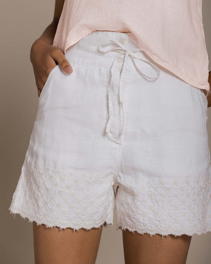 Raindrops On Flip Flops Shorts - Coconut White at Kamakhyaa by Reistor. This item is Casual Wear, Embroidered, Hemp, Natural, Shorts, White, Womenswear
