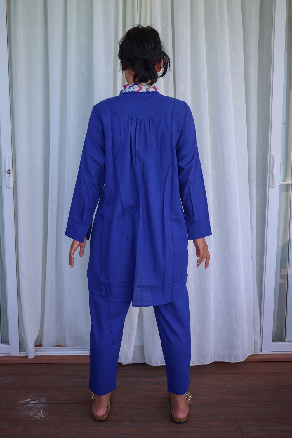 Recycled Blue Cotton Pants at Kamakhyaa by Raas. This item is Azo Free Dyes, Blue, Cotton, Layla, Office Wear, Pants, Recycled, Relaxed Fit, Solids, Womenswear