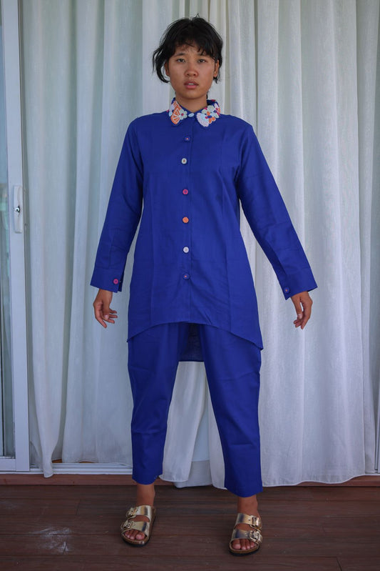 Recycled Blue Cotton Pants at Kamakhyaa by Raas. This item is Azo Free Dyes, Blue, Cotton, Layla, Office Wear, Pants, Recycled, Relaxed Fit, Solids, Womenswear
