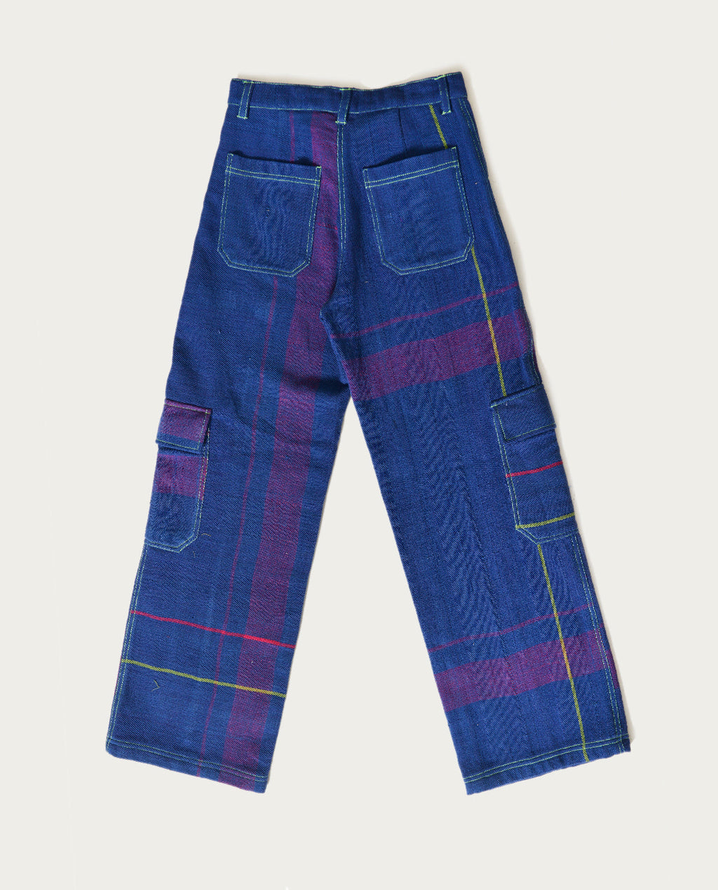 Recycled Blue Multi Colored Cargo Pants at Kamakhyaa by Rias Jaipur. This item is 100% Cotton, Blue, Bottoms, Casual wear, Multicolor, Natural, Pants, RE 2.O, Regular, Stripes, Unisex, Womenswear