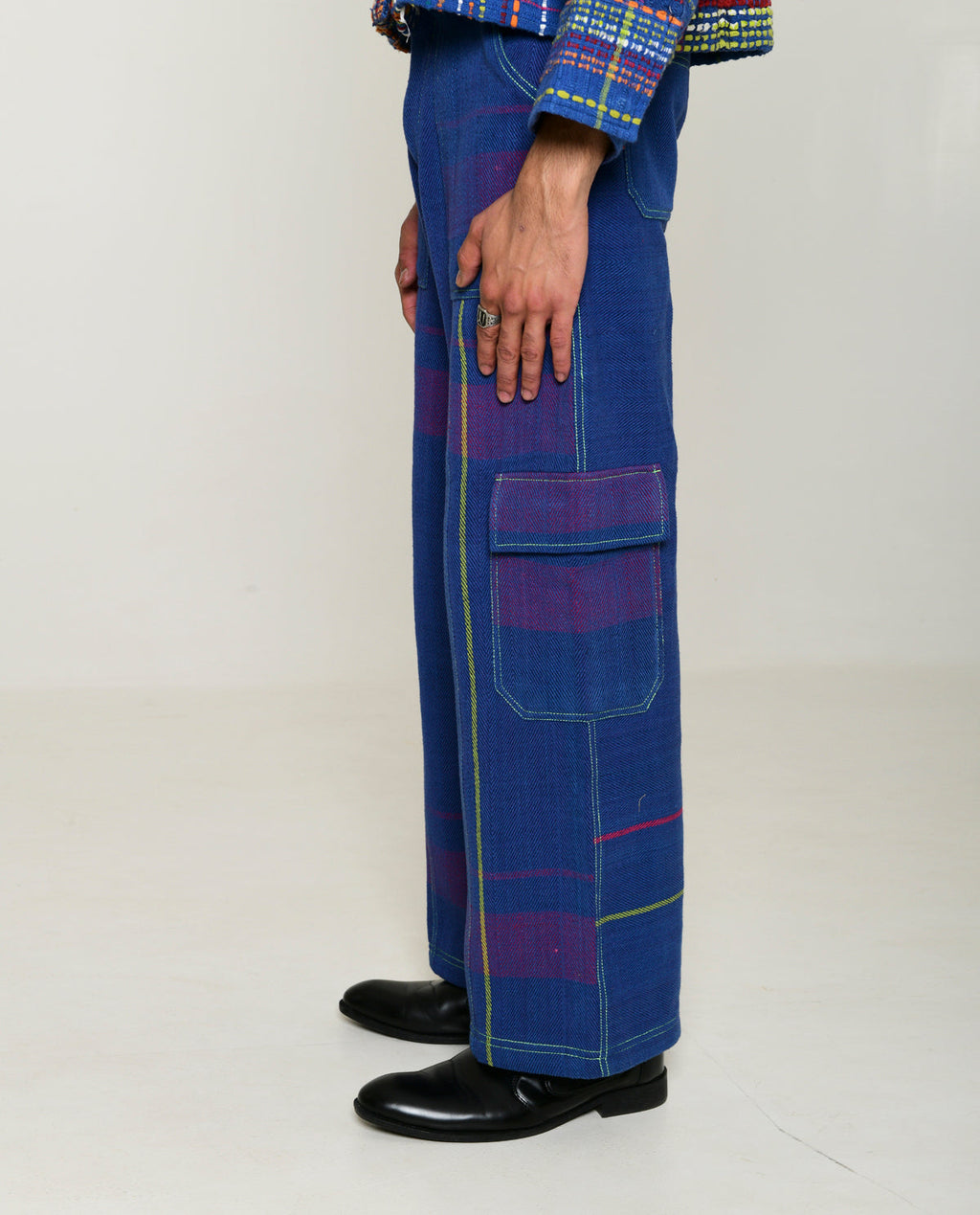 Recycled Blue Multi Colored Cargo Pants at Kamakhyaa by Rias Jaipur. This item is 100% Cotton, Blue, Bottoms, Casual wear, Multicolor, Natural, Pants, RE 2.O, Regular, Stripes, Unisex, Womenswear