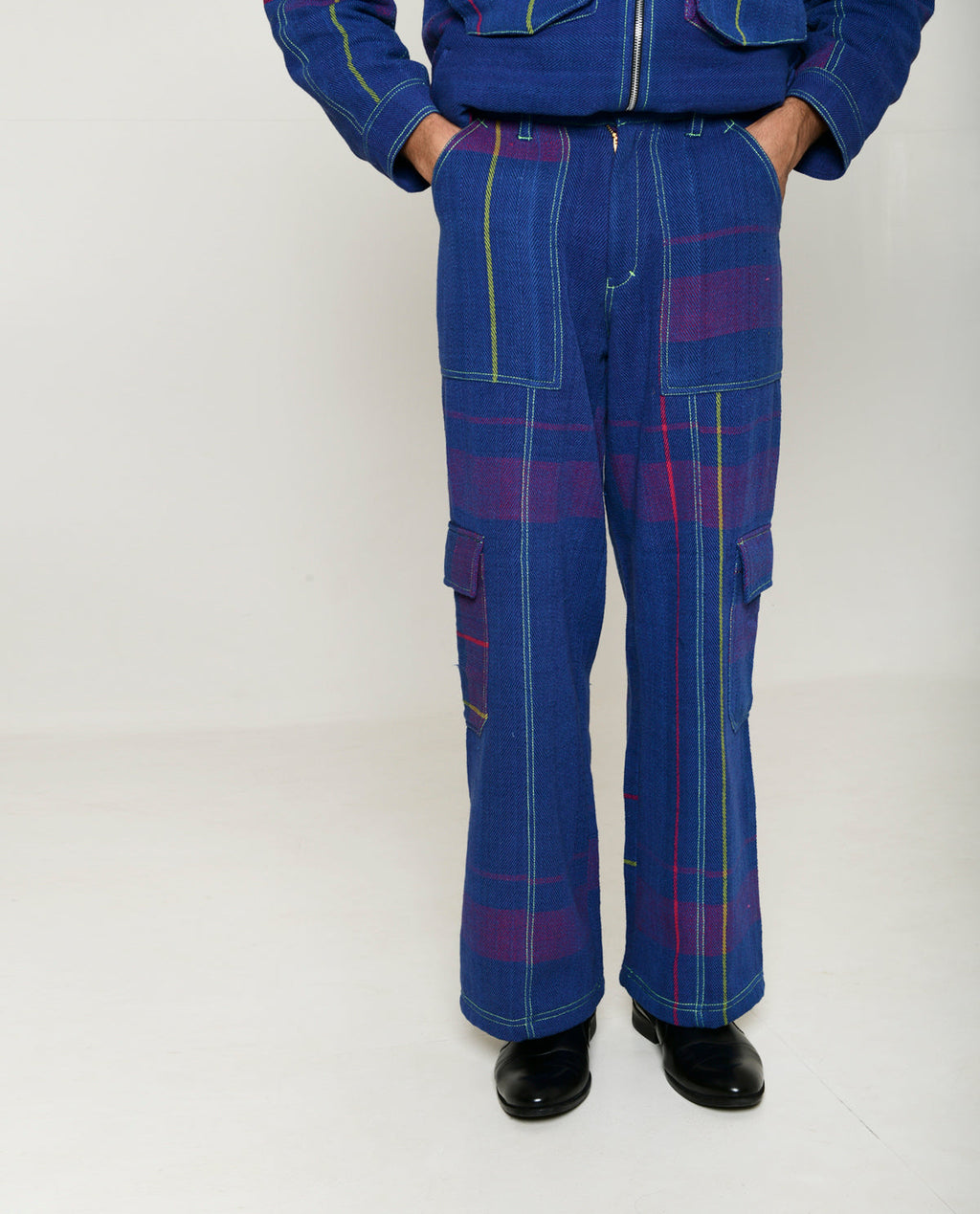 Recycled Blue Multi Colored Cargo Pants at Kamakhyaa by Rias Jaipur. This item is 100% Cotton, Blue, Bottoms, Casual wear, Multicolor, Natural, Pants, RE 2.O, Regular, Stripes, Unisex, Womenswear