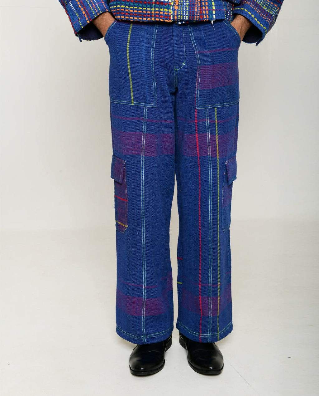 Recycled Blue Multi Colored Cargo Pants at Kamakhyaa by Rias Jaipur. This item is 100% Cotton, Blue, Bottoms, Casual wear, Multicolor, Natural, Pants, RE 2.O, Regular, Stripes, Unisex, Womenswear