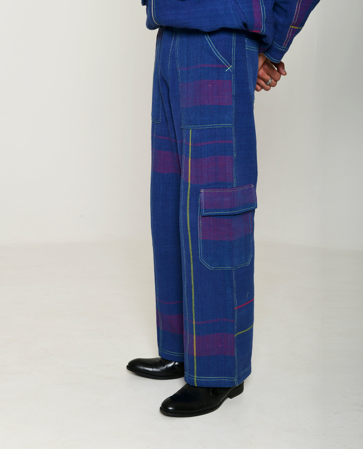 Recycled Blue Multi Colored Cargo Pants at Kamakhyaa by Rias Jaipur. This item is 100% Cotton, Blue, Bottoms, Casual wear, Multicolor, Natural, Pants, RE 2.O, Regular, Stripes, Unisex, Womenswear