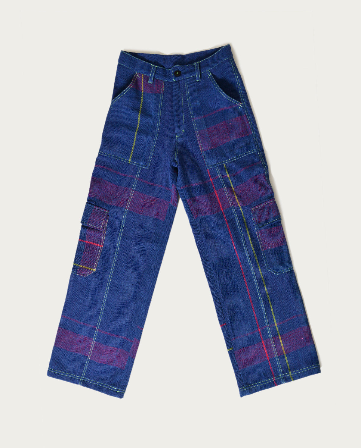 Recycled Blue Multi Colored Cargo Pants at Kamakhyaa by Rias Jaipur. This item is 100% Cotton, Blue, Bottoms, Casual wear, Multicolor, Natural, Pants, RE 2.O, Regular, Stripes, Unisex, Womenswear