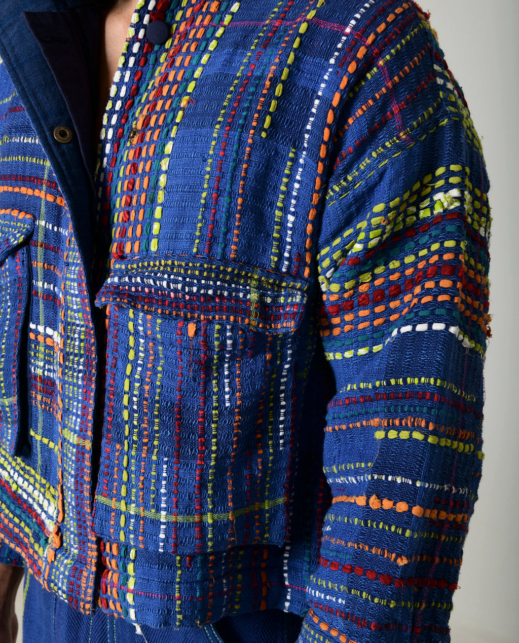 Recycled Blue Multi Colored Collared Cotton Jacket at Kamakhyaa by Rias Jaipur. This item is 100% Cotton, Blue, Casual wear, Multicolor, Natural, Overlays, RE 2.O, Regular, Stripes, Unisex, Womenswear