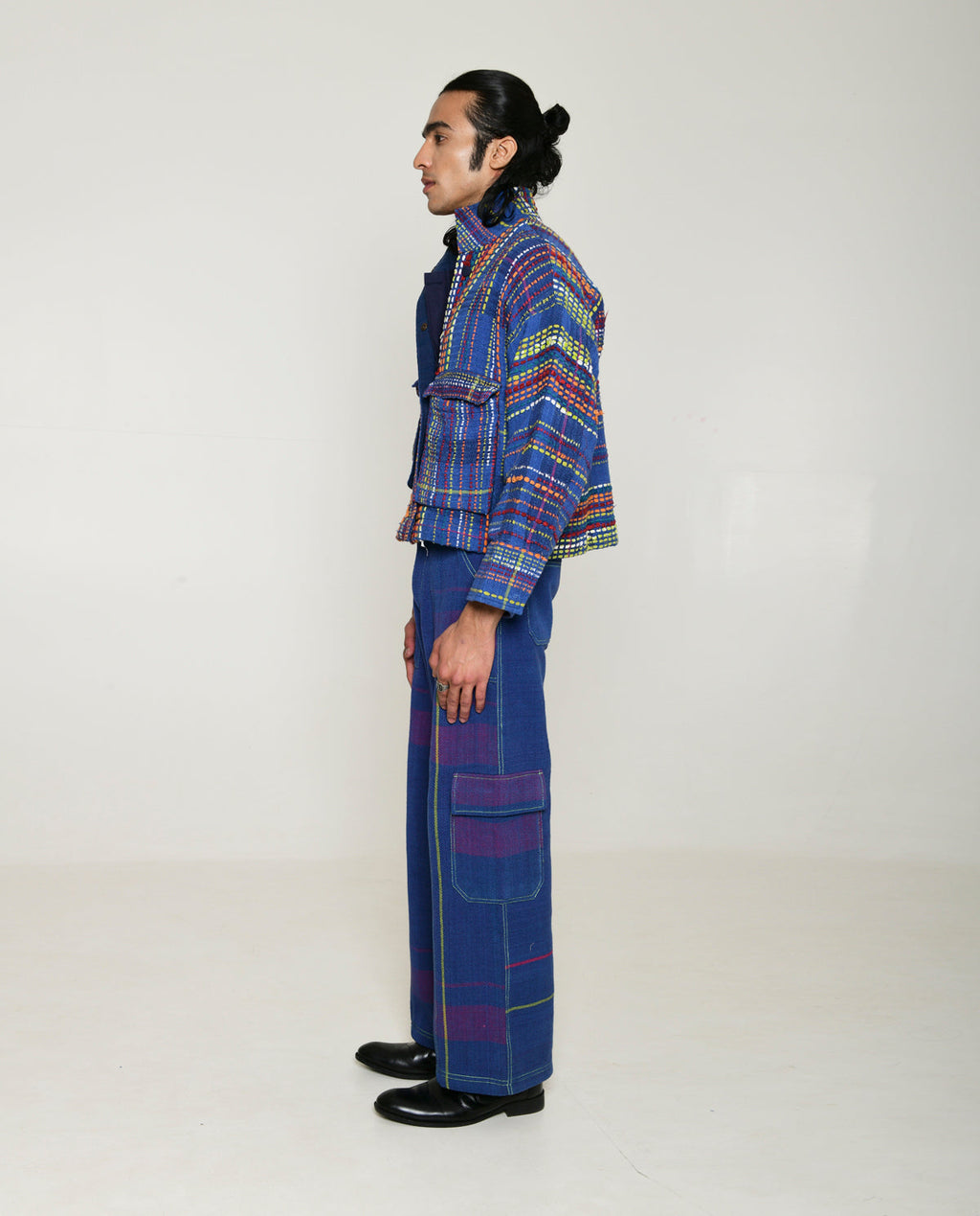 Recycled Blue Multi Colored Collared Cotton Jacket at Kamakhyaa by Rias Jaipur. This item is 100% Cotton, Blue, Casual wear, Multicolor, Natural, Overlays, RE 2.O, Regular, Stripes, Unisex, Womenswear