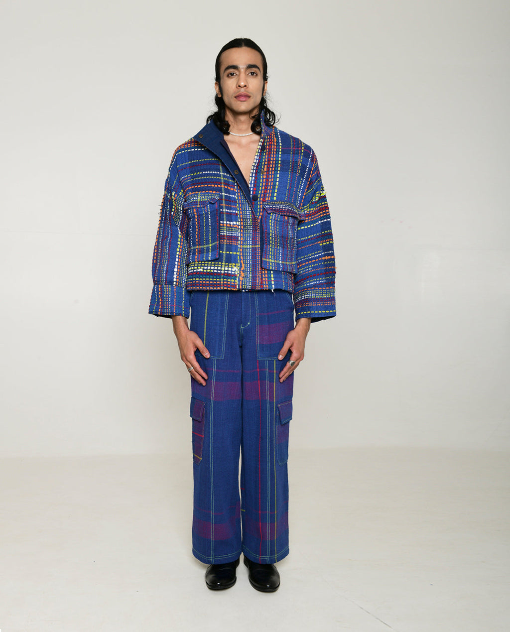 Recycled Blue Multi Colored Collared Cotton Jacket at Kamakhyaa by Rias Jaipur. This item is 100% Cotton, Blue, Casual wear, Multicolor, Natural, Overlays, RE 2.O, Regular, Stripes, Unisex, Womenswear