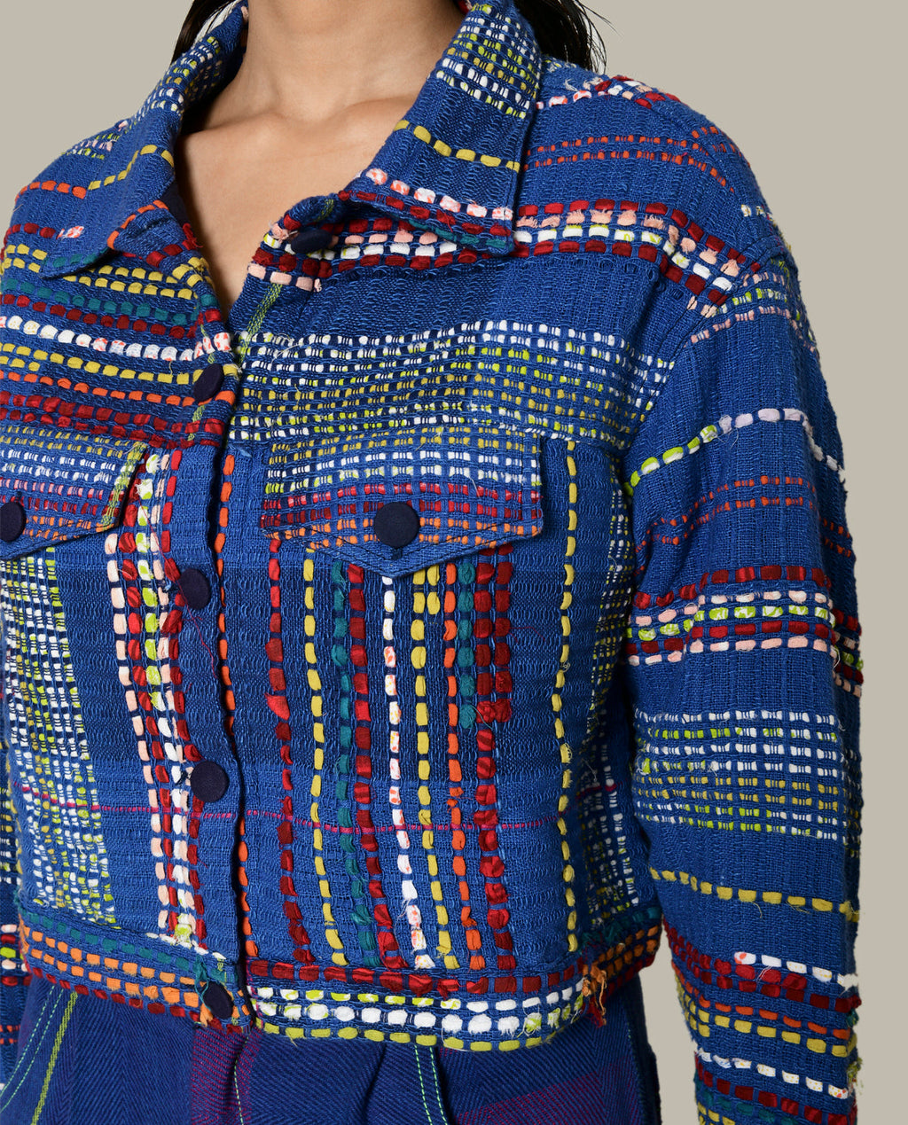 Recycled Blue Multi Colored Cotton Jacket at Kamakhyaa by Rias Jaipur. This item is 100% Cotton, Blue, Casual wear, Multicolor, Natural, Overlays, RE 2.O, Regular, Stripes, Unisex, Womenswear