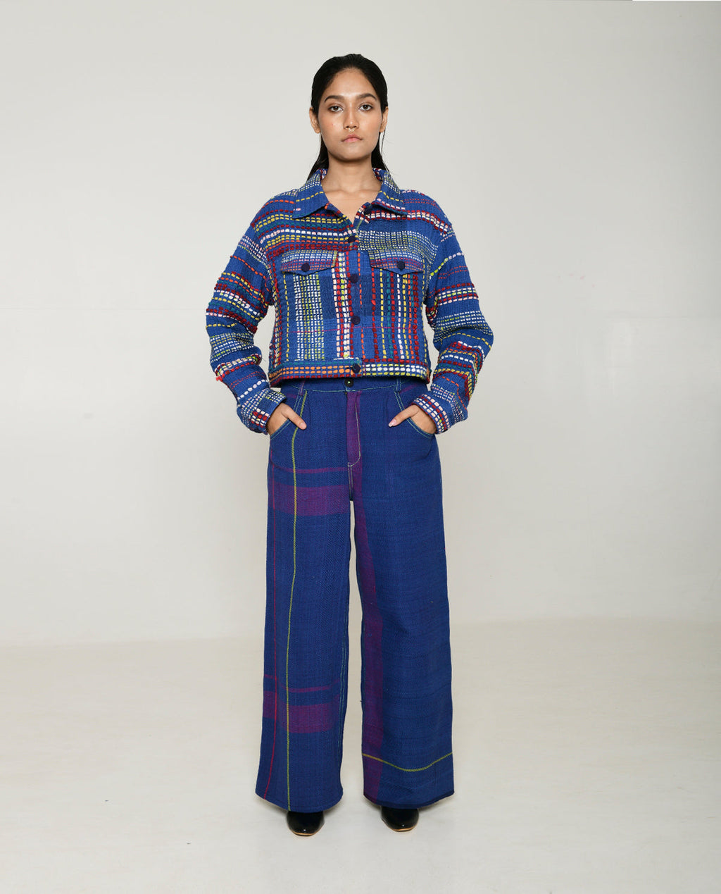 Recycled Blue Multi Colored Cotton Jacket at Kamakhyaa by Rias Jaipur. This item is 100% Cotton, Blue, Casual wear, Multicolor, Natural, Overlays, RE 2.O, Regular, Stripes, Unisex, Womenswear