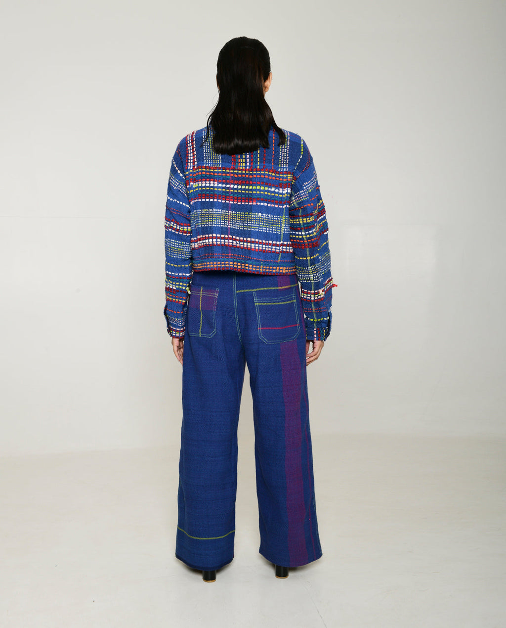 Recycled Blue Multi Colored Cotton Jacket at Kamakhyaa by Rias Jaipur. This item is 100% Cotton, Blue, Casual wear, Multicolor, Natural, Overlays, RE 2.O, Regular, Stripes, Unisex, Womenswear