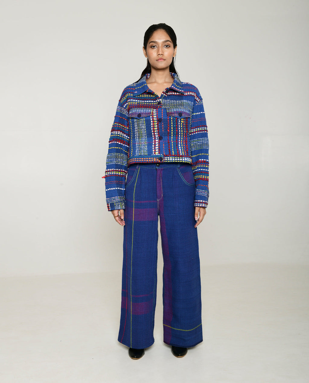 Recycled Blue Multi Colored Cotton Jacket at Kamakhyaa by Rias Jaipur. This item is 100% Cotton, Blue, Casual wear, Multicolor, Natural, Overlays, RE 2.O, Regular, Stripes, Unisex, Womenswear