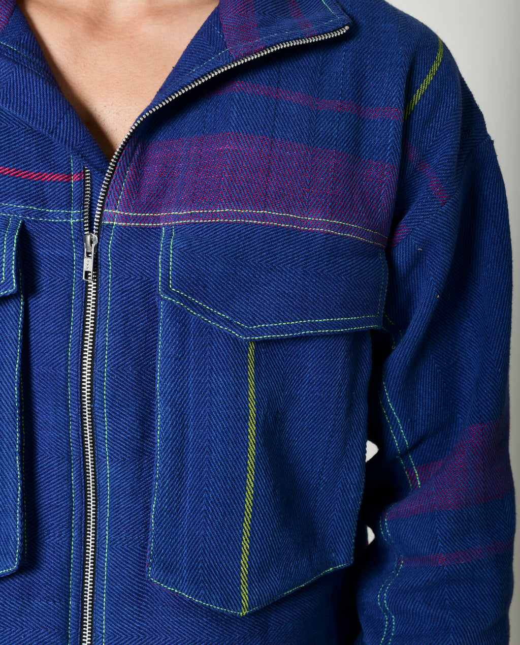 Recycled Blue Multi Colored Cotton Shirt Jacket at Kamakhyaa by Rias Jaipur. This item is 100% Cotton, Blue, Casual wear, Multicolor, Natural, Overlays, RE 2.O, Relaxed, Stripes, Unisex, Womenswear