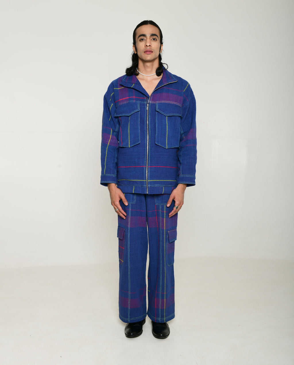 Recycled Blue Multi Colored Cotton Shirt Jacket at Kamakhyaa by Rias Jaipur. This item is 100% Cotton, Blue, Casual wear, Multicolor, Natural, Overlays, RE 2.O, Relaxed, Stripes, Unisex, Womenswear