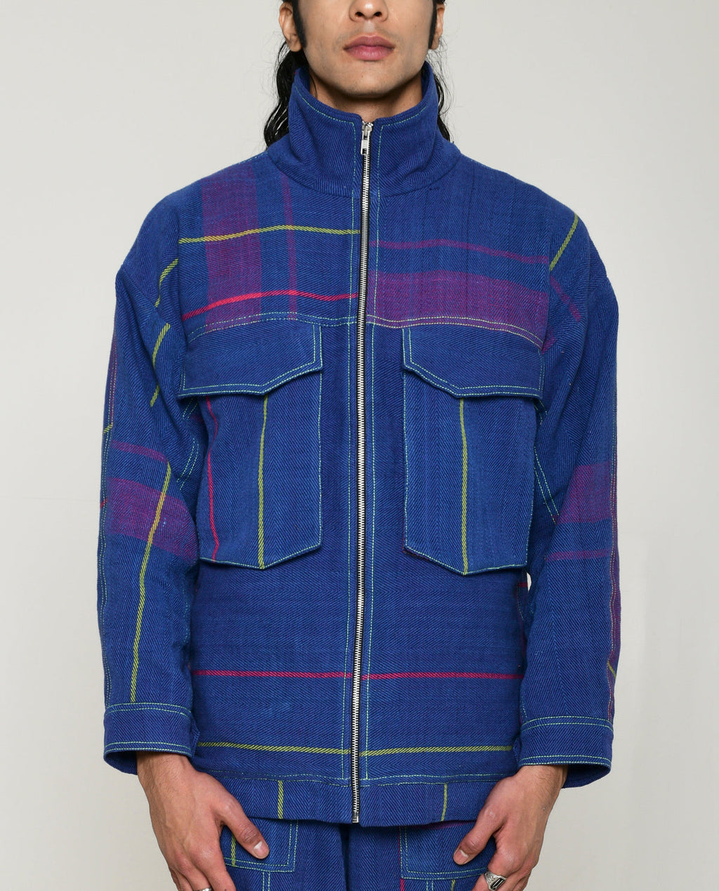 Recycled Blue Multi Colored Cotton Shirt Jacket at Kamakhyaa by Rias Jaipur. This item is 100% Cotton, Blue, Casual wear, Multicolor, Natural, Overlays, RE 2.O, Relaxed, Stripes, Unisex, Womenswear