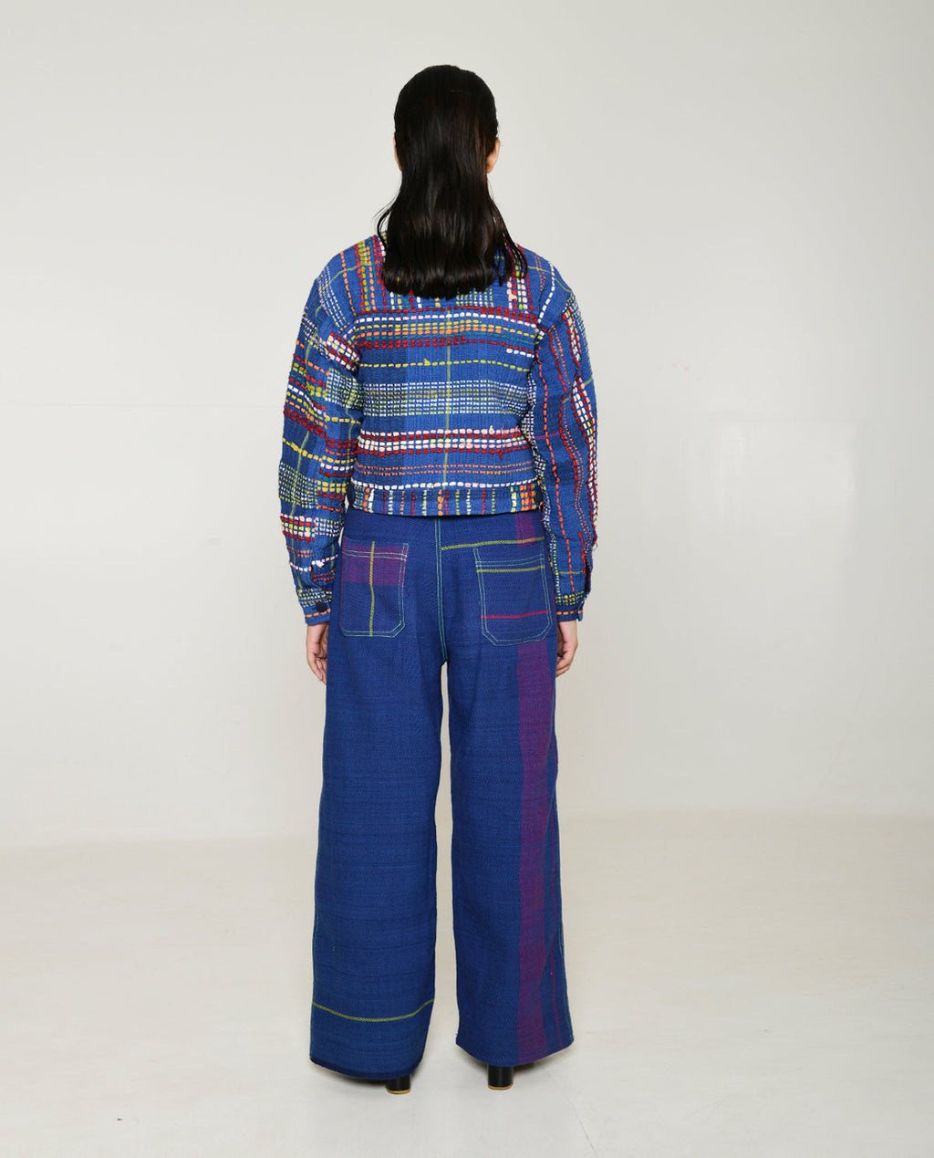 Recycled Blue Multi Colored Cropped Cotton Jacket at Kamakhyaa by Rias Jaipur. This item is 100% Cotton, Blue, Casual wear, Multicolor, Natural, Overlays, RE 2.O, Regular, Stripes, Unisex, Womenswear