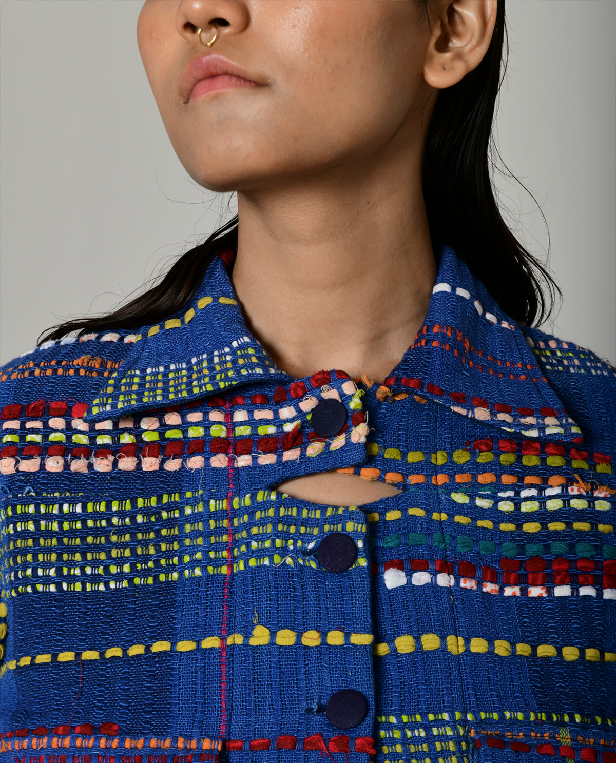 Recycled Blue Multi Colored Cropped Cotton Jacket at Kamakhyaa by Rias Jaipur. This item is 100% Cotton, Blue, Casual wear, Multicolor, Natural, Overlays, RE 2.O, Regular, Stripes, Unisex, Womenswear