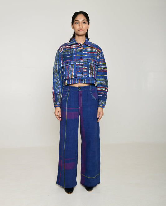 Recycled Blue Multi Colored Cropped Cotton Jacket at Kamakhyaa by Rias Jaipur. This item is 100% Cotton, Blue, Casual wear, Multicolor, Natural, Overlays, RE 2.O, Regular, Stripes, Unisex, Womenswear
