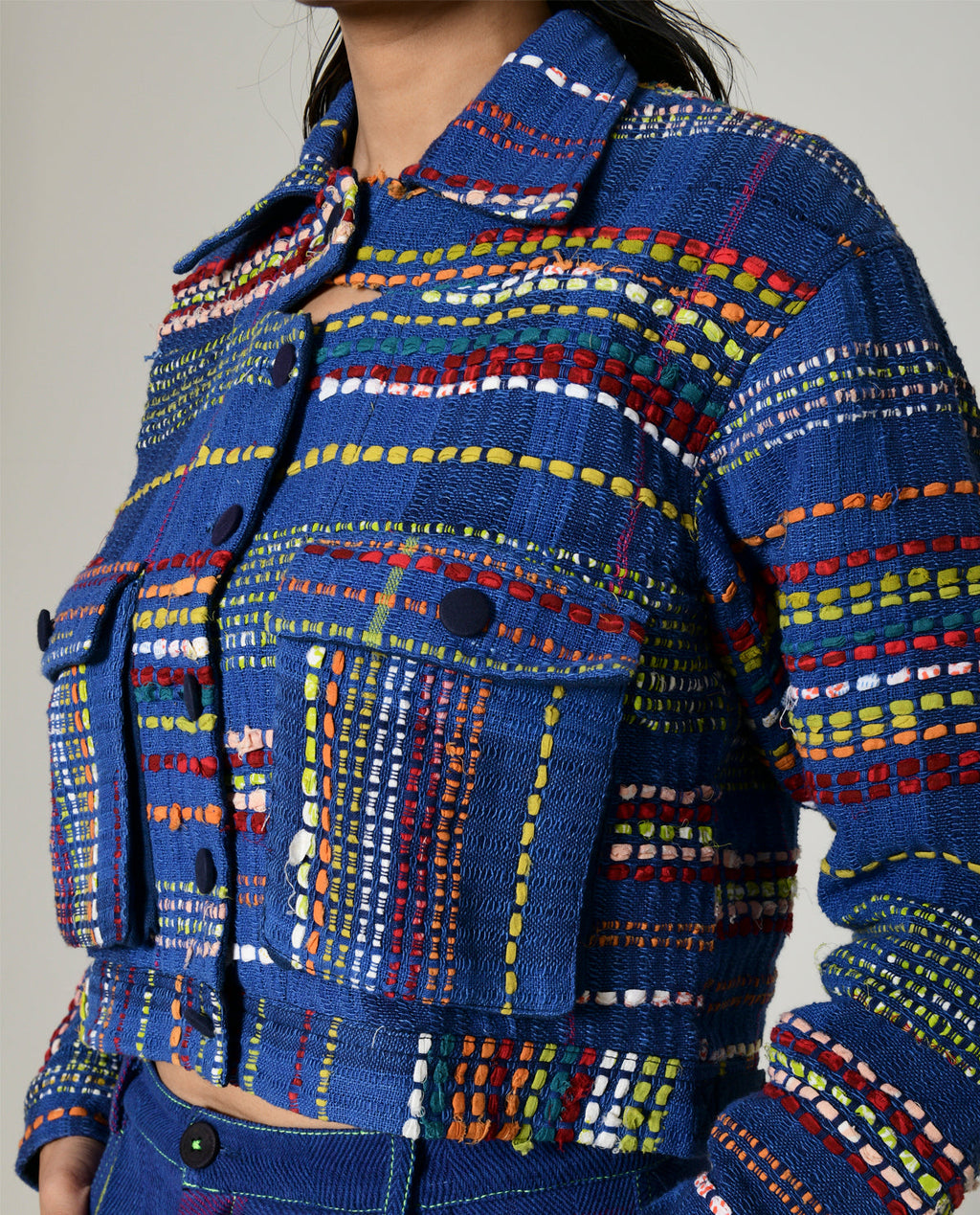 Recycled Blue Multi Colored Cropped Cotton Jacket at Kamakhyaa by Rias Jaipur. This item is 100% Cotton, Blue, Casual wear, Multicolor, Natural, Overlays, RE 2.O, Regular, Stripes, Unisex, Womenswear