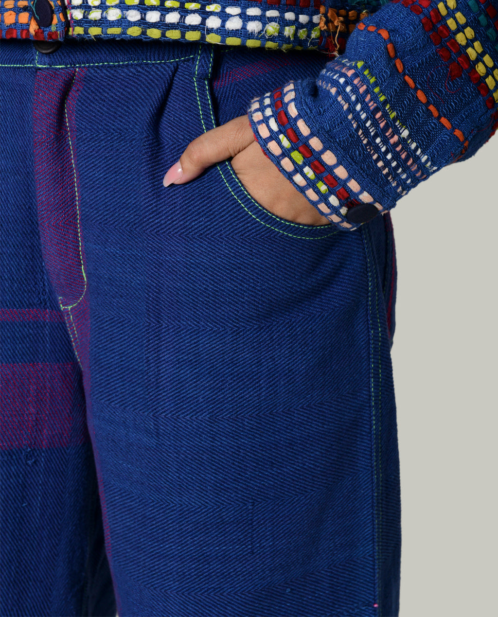 Recycled Blue Striped Cargo Pants at Kamakhyaa by Rias Jaipur. This item is 100% Cotton, Blue, Casual wear, Multicolor, Natural, Pants, RE 2.O, Regular, Stripes, Unisex, Womenswear