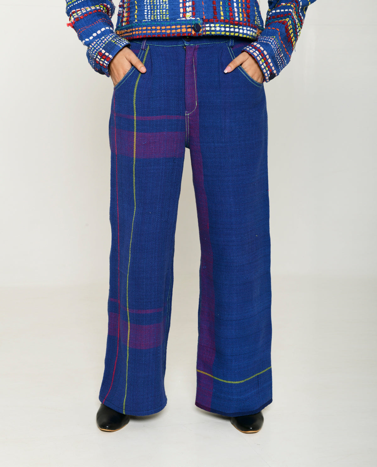 Recycled Blue Striped Cargo Pants at Kamakhyaa by Rias Jaipur. This item is 100% Cotton, Blue, Casual wear, Multicolor, Natural, Pants, RE 2.O, Regular, Stripes, Unisex, Womenswear