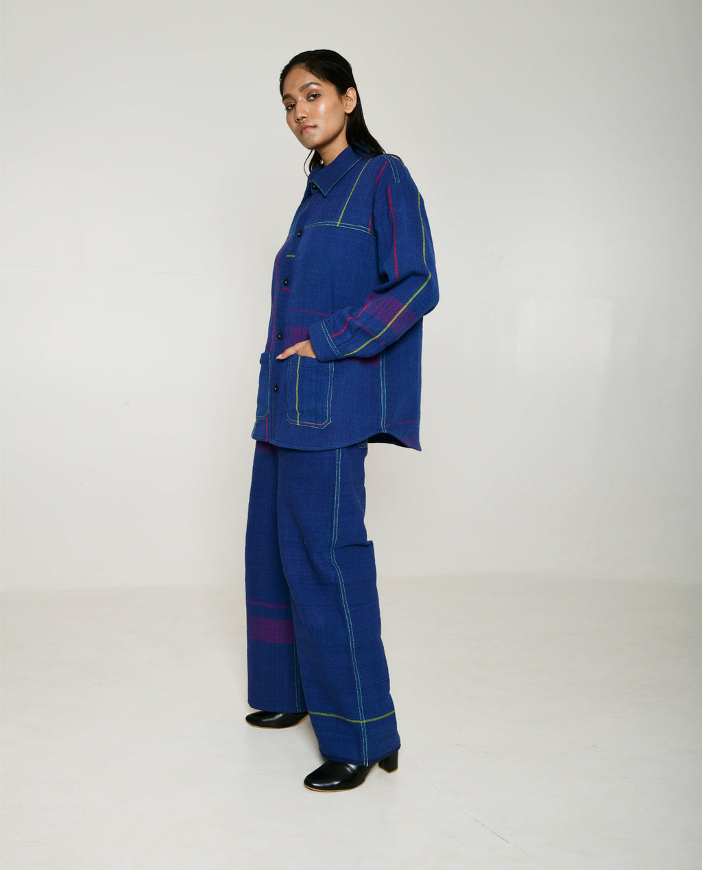 Recycled Blue Striped Shacket With pockets at Kamakhyaa by Rias Jaipur. This item is 100% Cotton, Blue, Casual wear, Multicolor, Natural, Overlays, RE 2.O, Relaxed, Stripes, Tops, Unisex, Womenswear