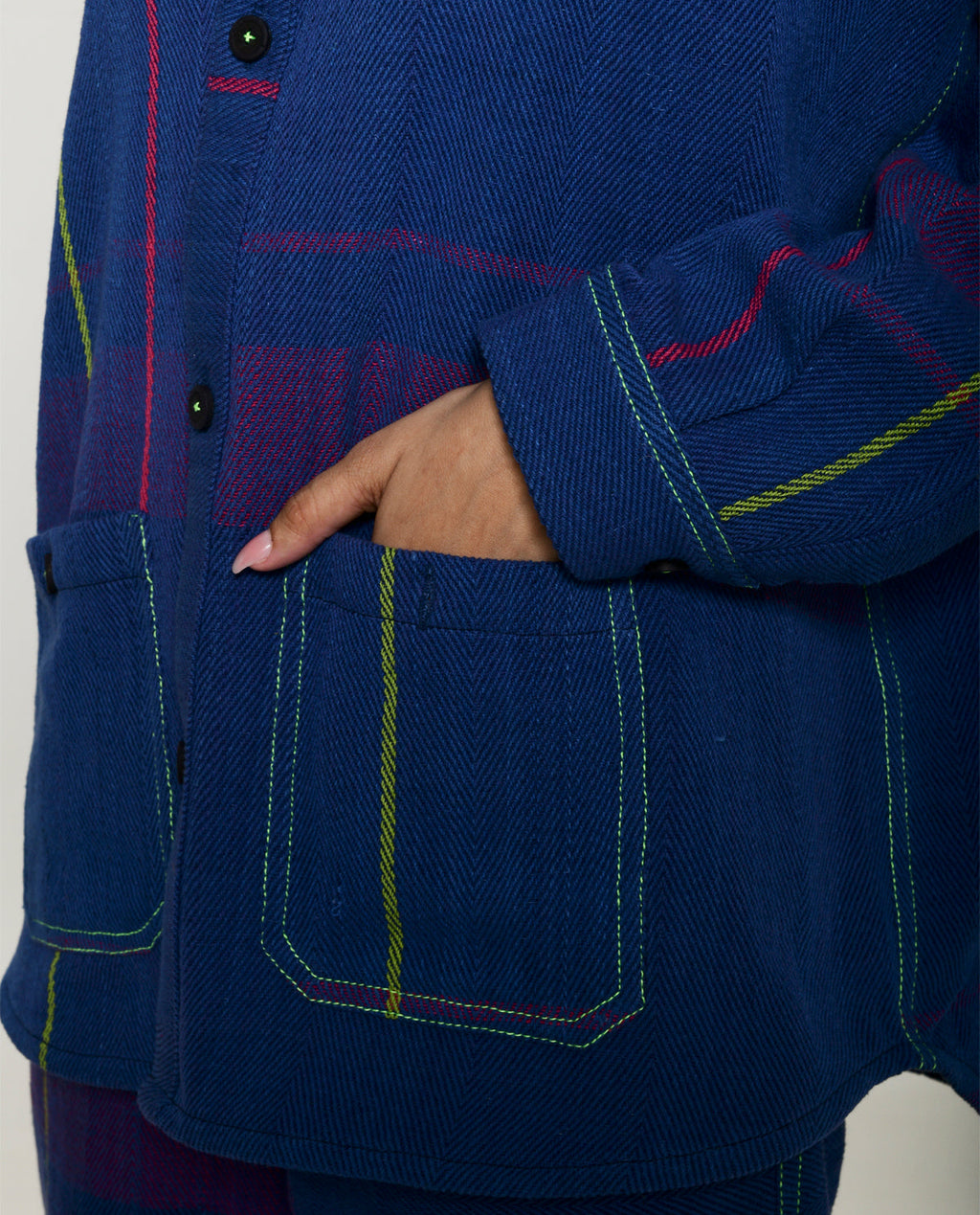 Recycled Blue Striped Shacket With pockets at Kamakhyaa by Rias Jaipur. This item is 100% Cotton, Blue, Casual wear, Multicolor, Natural, Overlays, RE 2.O, Relaxed, Stripes, Tops, Unisex, Womenswear