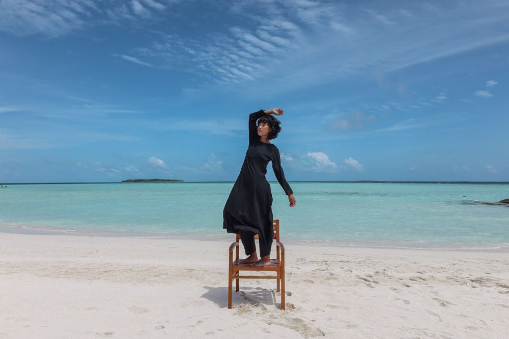 Recycled Cotton Black Kurta at Kamakhyaa by Raas. This item is Azo Free Dyes, Best Selling, Black, Casual Wear, Cotton, Kurtas, Layla, Recycled, Relaxed Fit, Solids, Womenswear