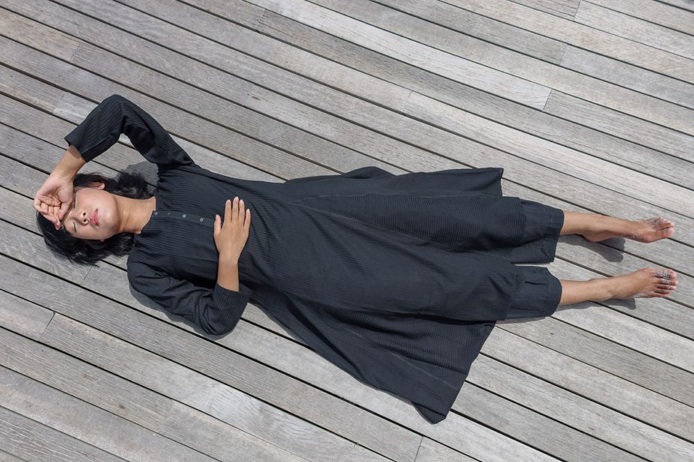 Recycled Cotton Black Kurta at Kamakhyaa by Raas. This item is Azo Free Dyes, Best Selling, Black, Casual Wear, Cotton, Kurtas, Layla, Recycled, Relaxed Fit, Solids, Womenswear