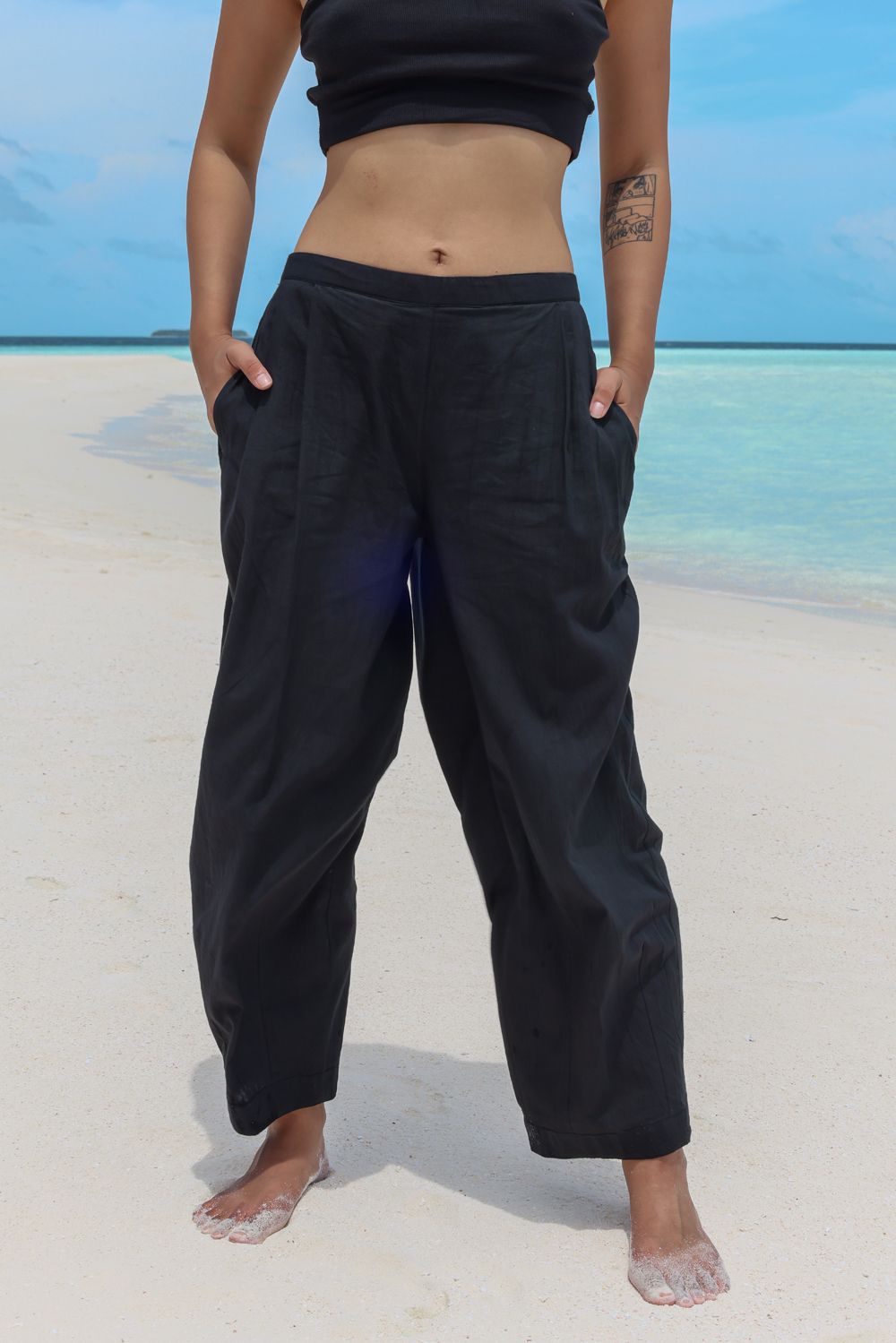Recycled Cotton Black Pants at Kamakhyaa by Raas. This item is Azo Free Dyes, Black, Casual Wear, Cotton, Joggers, Layla, Recycled, Relaxed Fit, Solids, Womenswear
