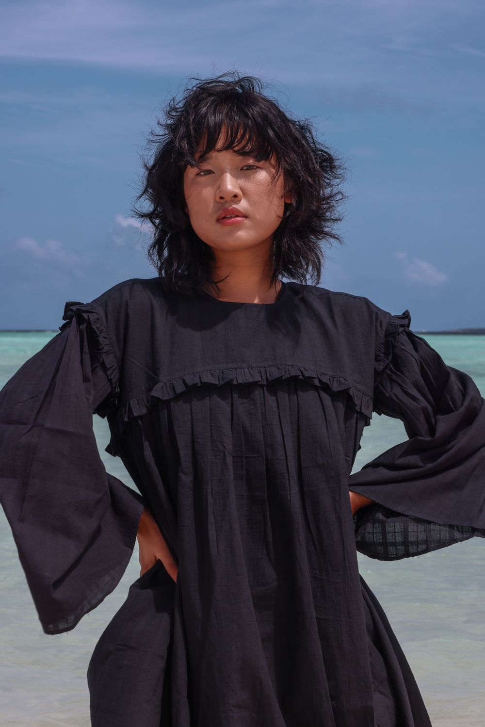 Recycled Cotton Black Solid Dress at Kamakhyaa by Raas. This item is Azo Free Dyes, Black, Cotton, Layla, Midi Dresses, Recycled, Relaxed Fit, Resort Wear, Solids, Womenswear