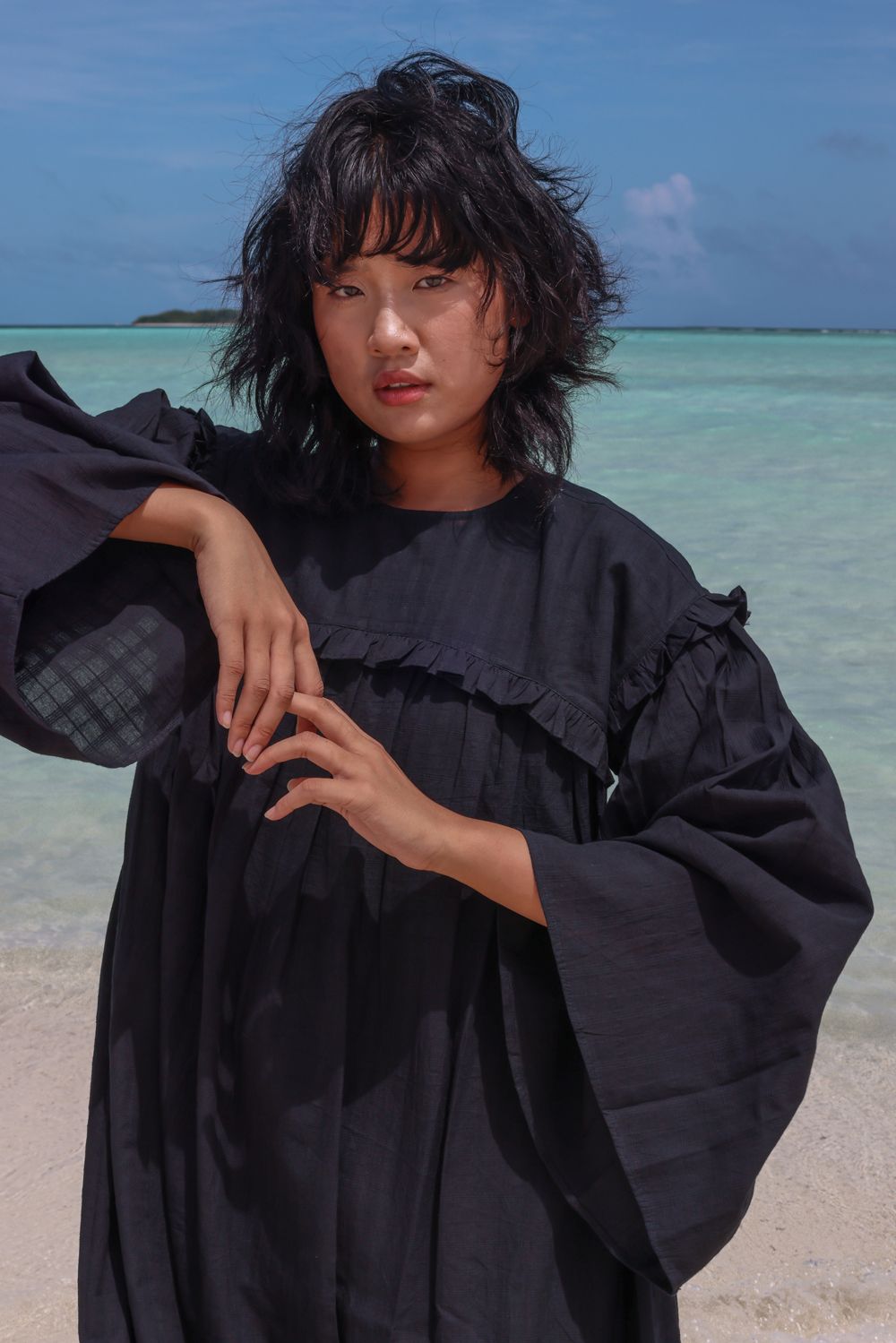 Recycled Cotton Black Solid Dress at Kamakhyaa by Raas. This item is Azo Free Dyes, Black, Cotton, Layla, Midi Dresses, Recycled, Relaxed Fit, Resort Wear, Solids, Womenswear