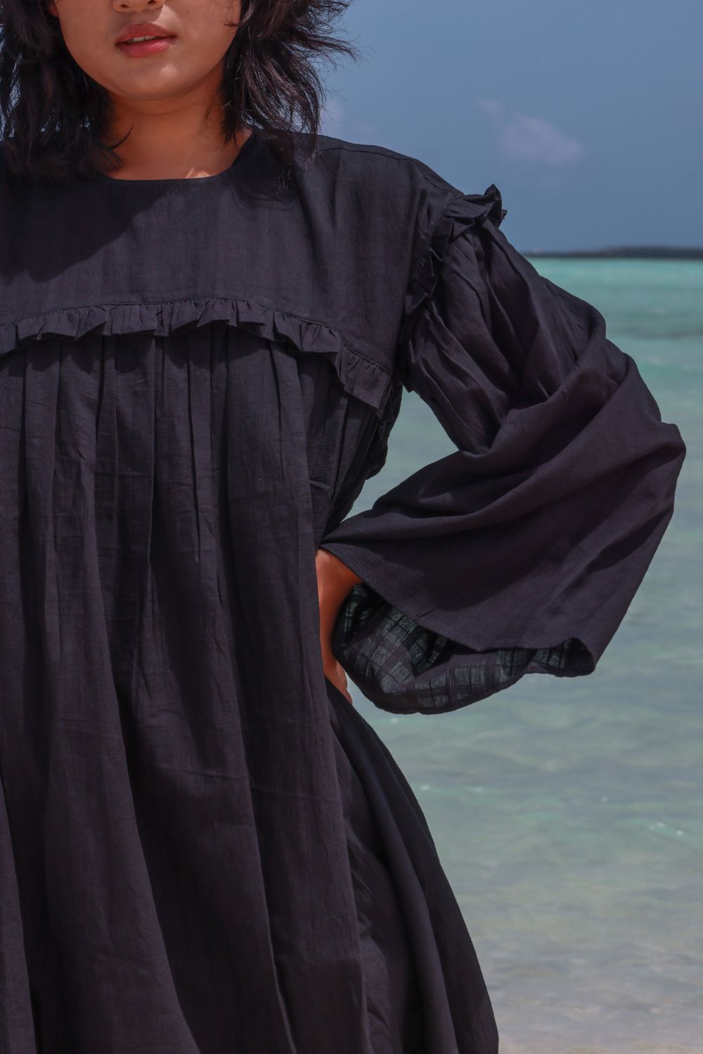 Recycled Cotton Black Solid Dress at Kamakhyaa by Raas. This item is Azo Free Dyes, Black, Cotton, Layla, Midi Dresses, Recycled, Relaxed Fit, Resort Wear, Solids, Womenswear