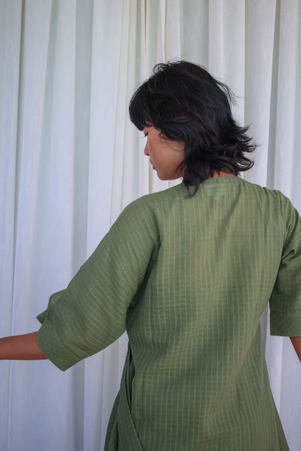 Recycled Cotton Green Solid Midi Dress at Kamakhyaa by Raas. This item is Azo Free Dyes, Casual Wear, Cotton, Green, Layla, Midi Dresses, Recycled, Relaxed Fit, Solids, Womenswear, Wrap Dresses