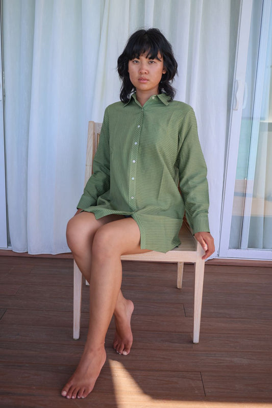 Recycled Cotton Green Solid Shirt at Kamakhyaa by Raas. This item is Azo Free Dyes, Casual Wear, Cotton, Green, Layla, Recycled, Relaxed Fit, Shirts, Solids, Womenswear