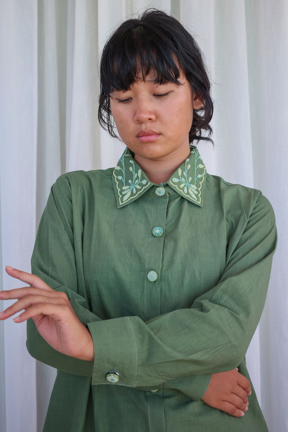 Recycled Cotton Green Solid Shirt With Embroidered Collar at Kamakhyaa by Raas. This item is Azo Free Dyes, Cotton, Green, Layla, Office Wear, Recycled, Relaxed Fit, Shirts, Solids, Womenswear