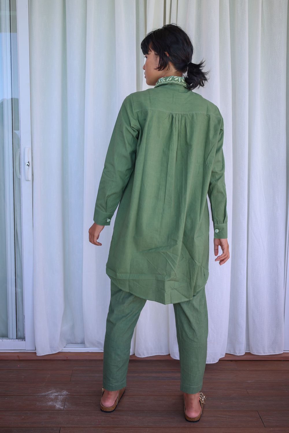 Recycled Cotton Green Solid Shirt With Embroidered Collar at Kamakhyaa by Raas. This item is Azo Free Dyes, Cotton, Green, Layla, Office Wear, Recycled, Relaxed Fit, Shirts, Solids, Womenswear