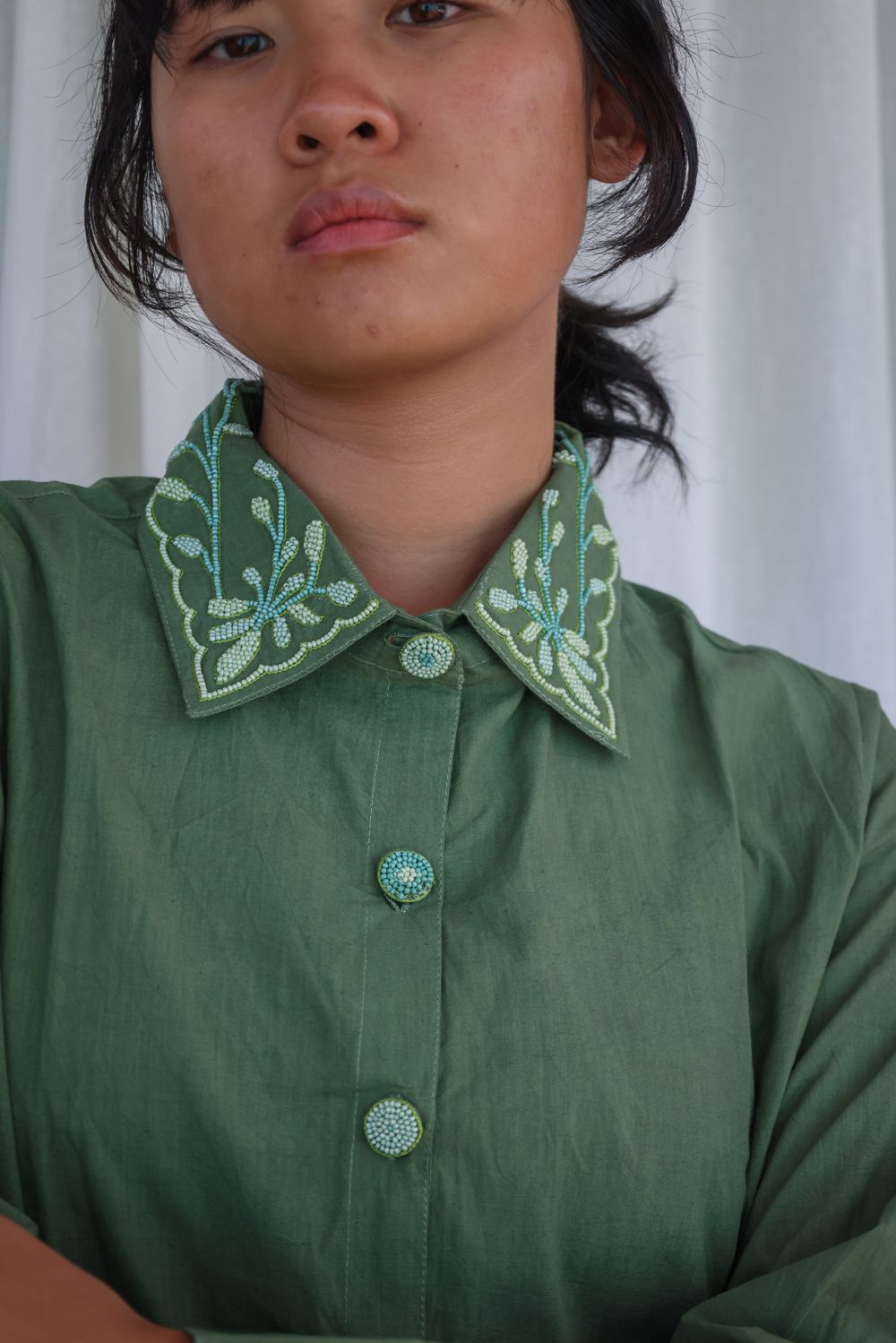 Recycled Cotton Green Solid Shirt With Embroidered Collar at Kamakhyaa by Raas. This item is Azo Free Dyes, Cotton, Green, Layla, Office Wear, Recycled, Relaxed Fit, Shirts, Solids, Womenswear