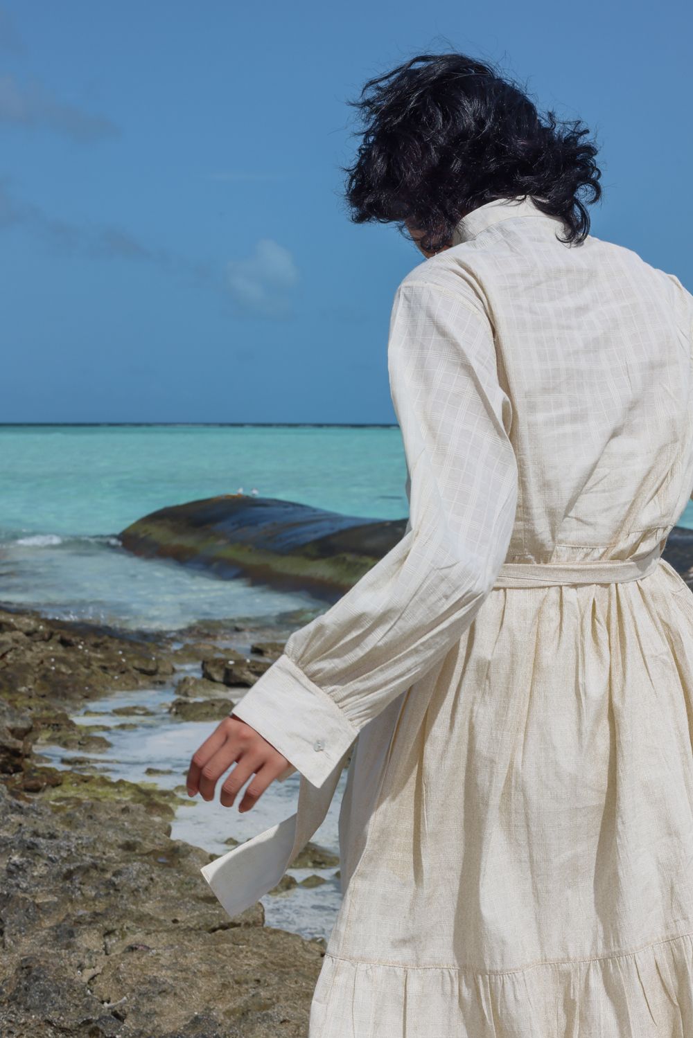 Recycled Cotton Off-White Maxi Dress at Kamakhyaa by Raas. This item is Azo Free Dyes, Casual Wear, Cotton, Layla, Maxi Dresses, Off-White, Recycled, Relaxed Fit, Shirt Dresses, Solids, Tiered Dresses, Womenswear